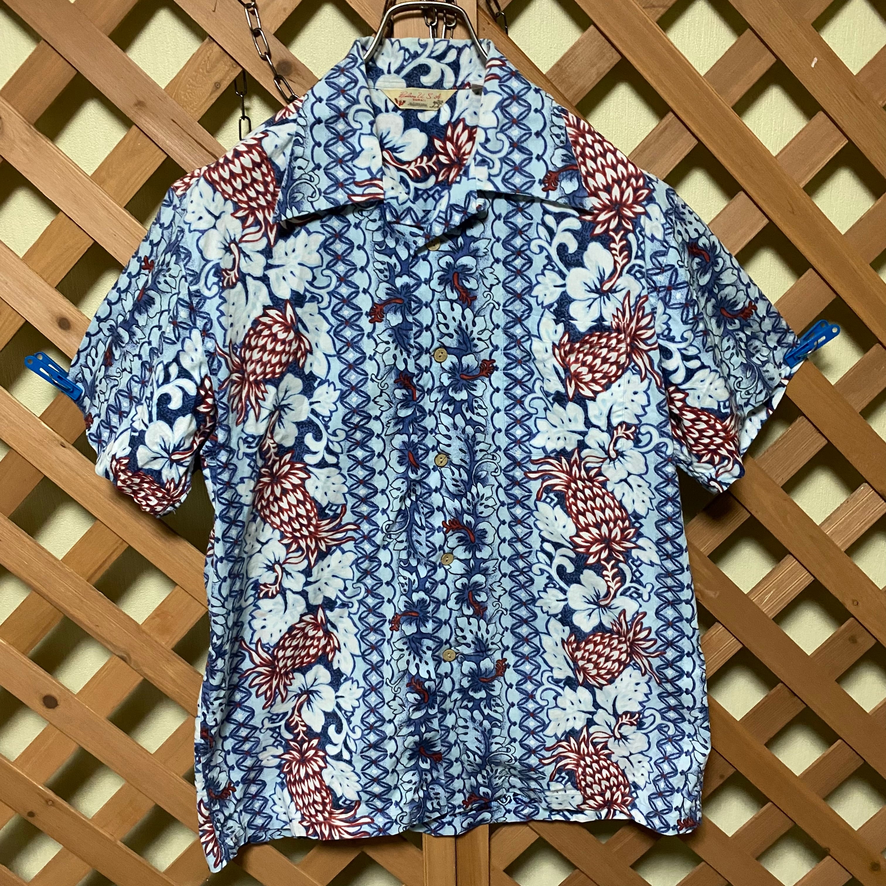 夏 メンズ ブルー 柄シャツ USA 90s 半袖 アロハ シャツ 総柄 青