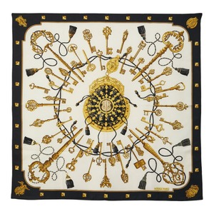 エルメス カレ90 LES CLES 鍵 スカーフ ブラック ゴールド シルク レディース HERMES 【中古】