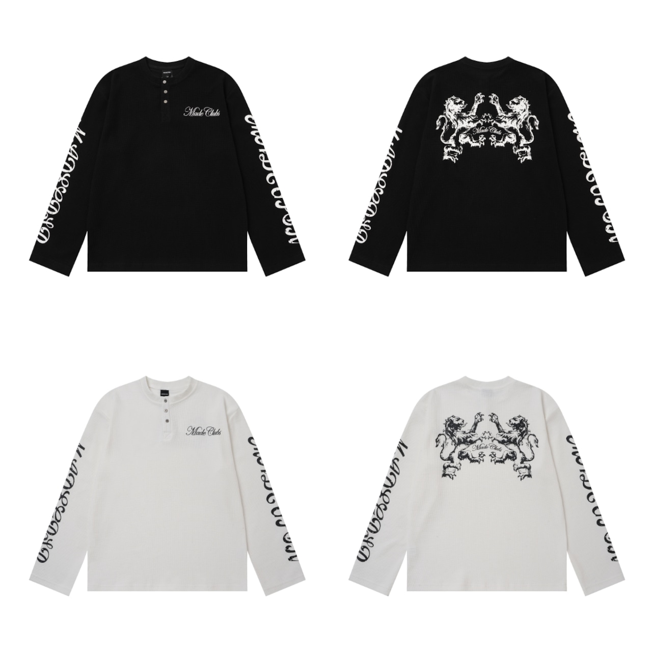 VINTAGE ストリート ダブルライオン ヘンリーネック ワッフルロングTシャツ T2292
