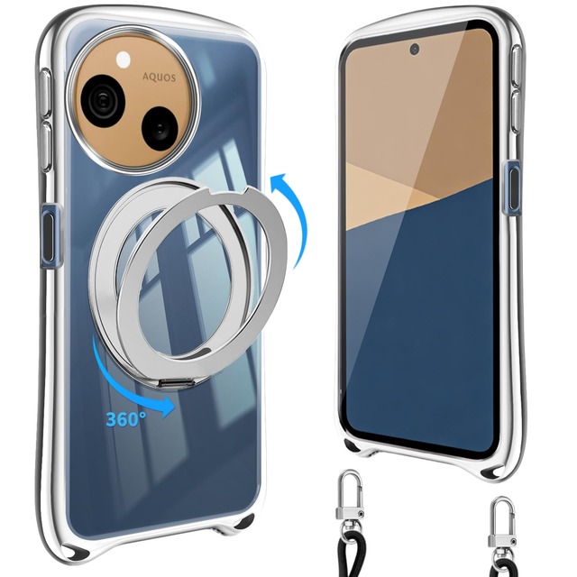 Loodoomo AQUOS Sense10 Sense9 用の ケース ショルダー リング付き クリア センス10/9 肩掛け(シルバー)