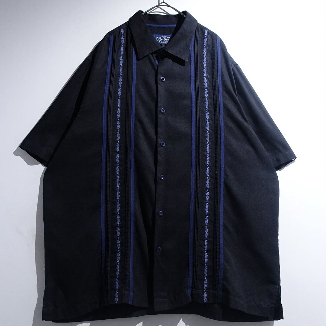 90s "Nat Nast" Black Embroidery Pleated Line Design Silk & Cotton S/S Shirt