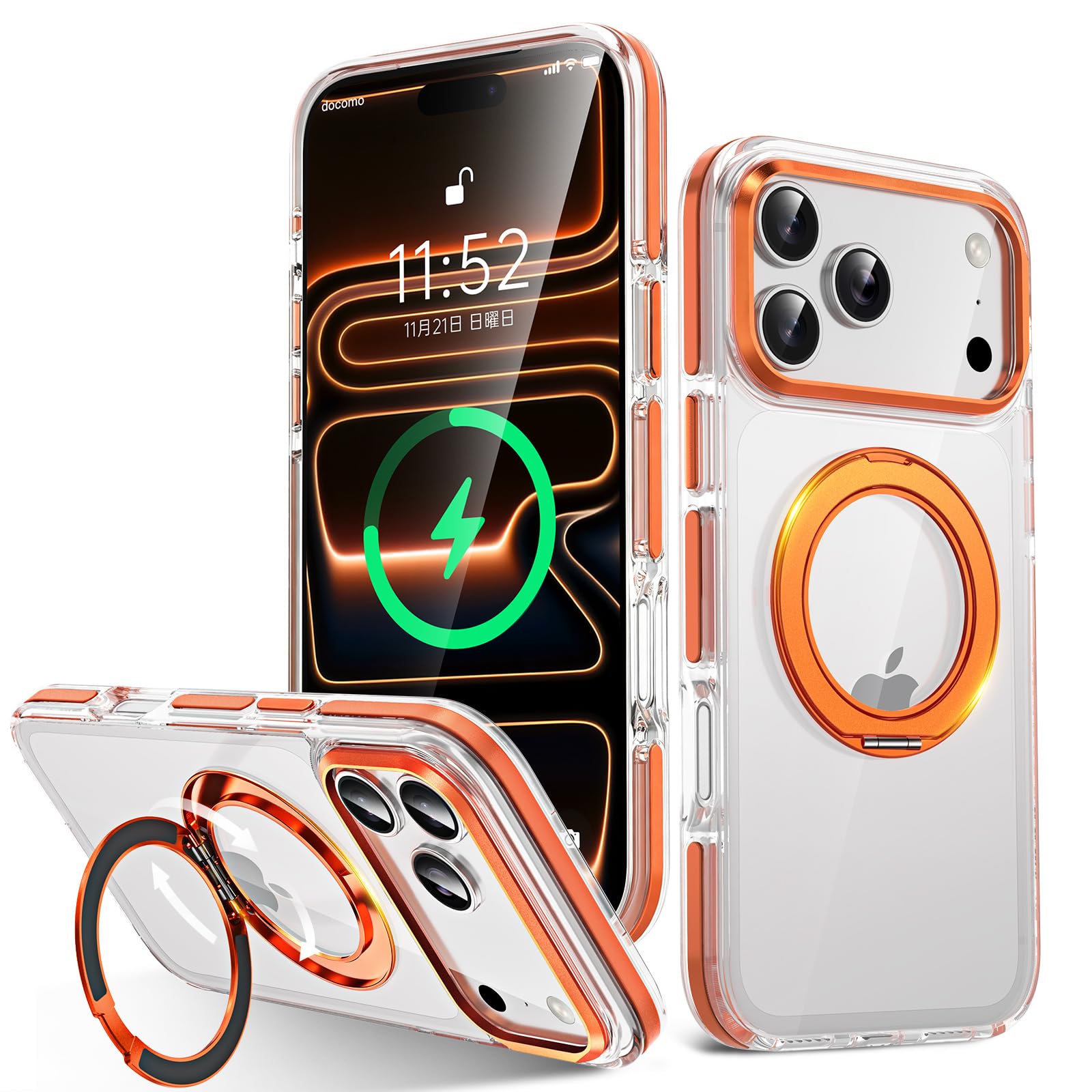 【360°回転スタンド・極上の透明感・Magsafe対応】 iPhone 18 Pro / 17 Pro 用 ケース(オレンジ, クリア)