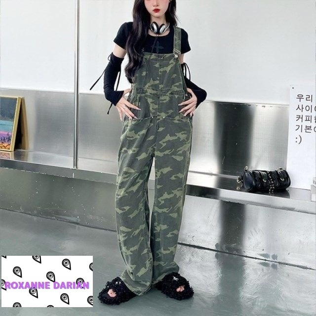 デニムサロペット レディース 迷彩柄 カモフラ オーバーオール