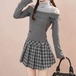 【2点セット】ボーダーハイネックドッキングリブニット+チェックプリーツスカート ・79352