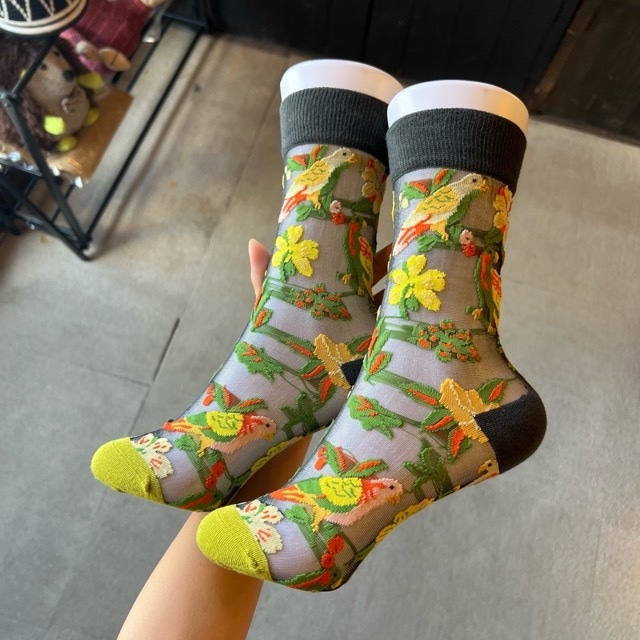 TOPANGA Socks Lady's Sheer art socks  Botanical Bird　シアーアートソックス　ボタニカルバード　鳥　シースルー　レディースソックス　靴下　ギフト　