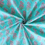 ブロックプリント生地【50cm単位】インド綿 片耳ボーダー付き 花柄A エメラルドグリーン×ピンク #19337-GR1【再入荷】