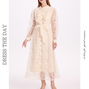 総レースシアースリーブロングドレス3色展開 D0054
