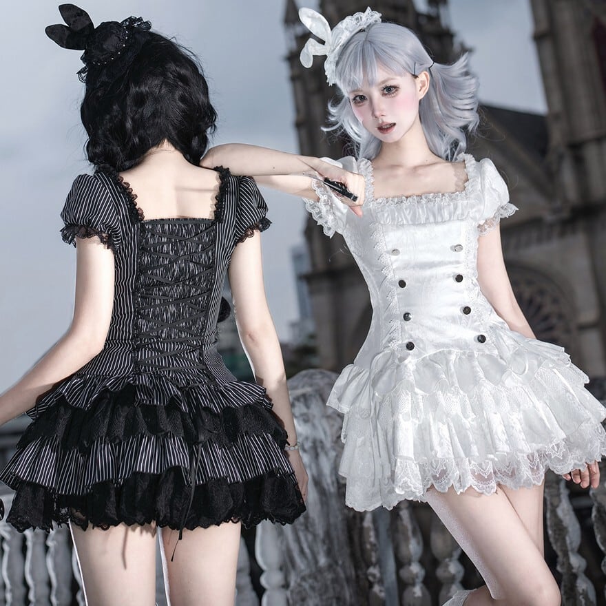 ゴスロリ ロリータ ブラック＆ホワイト レースドレスセット ゴスロリ｜ストライプレースワンピ 5点セット（ブラック・ホワイト
