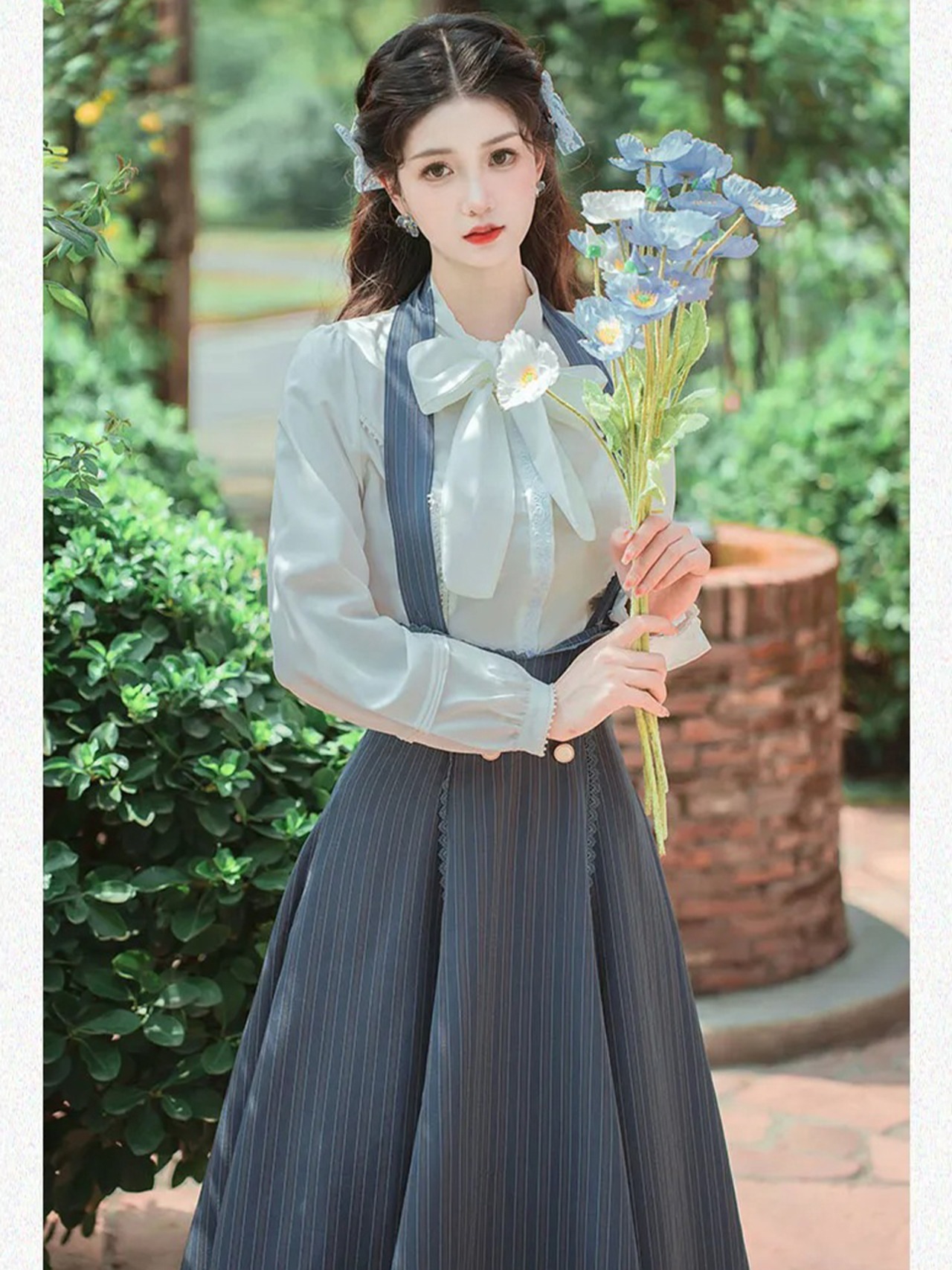 【0206】Striped Bowtie Ribbon Shirt Skirt Long Sleeve 2 Piece Set