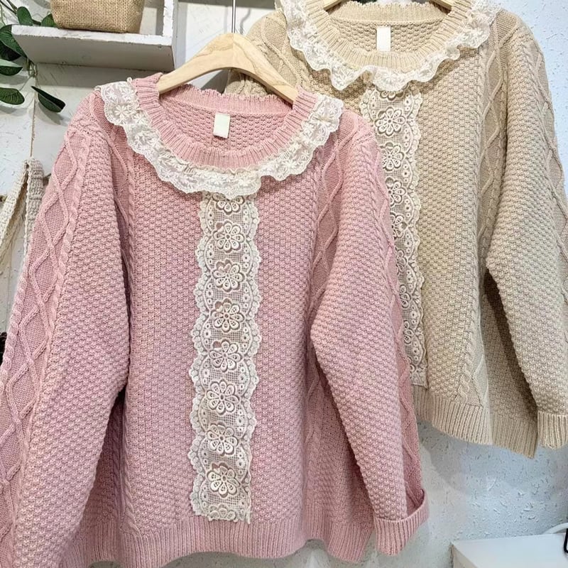 レースステッチプルオーバーセーター W0956