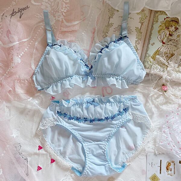 A Cカップ 日系可愛い セクシー 清楚系 フリルたっぷり スウィート レース 元気いっぱい ワイヤーなし ブラ ショーツセット Miyabi5