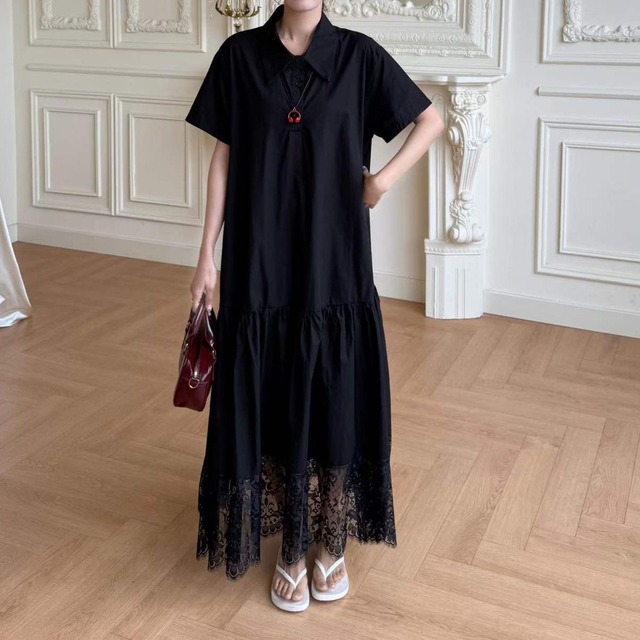 LACE PANEL POLO COLLAR SHORT SLEEVE MIDI DRESS M-17434