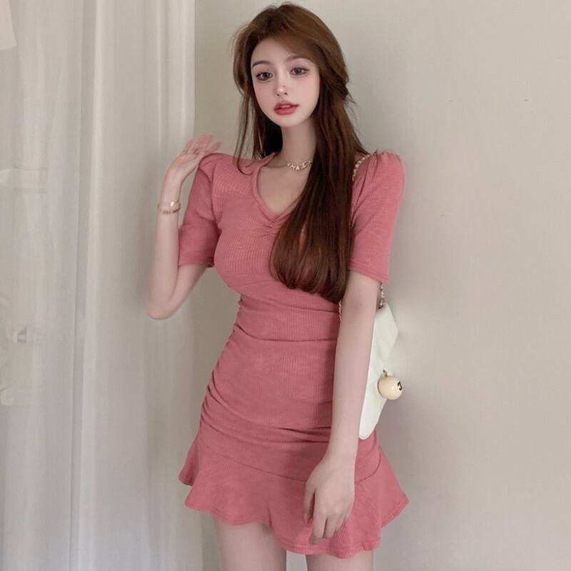 ドレス サマーVネックスタイルウェストラッフルスカート ピンク 夏物 YY-ファッション23469241541
