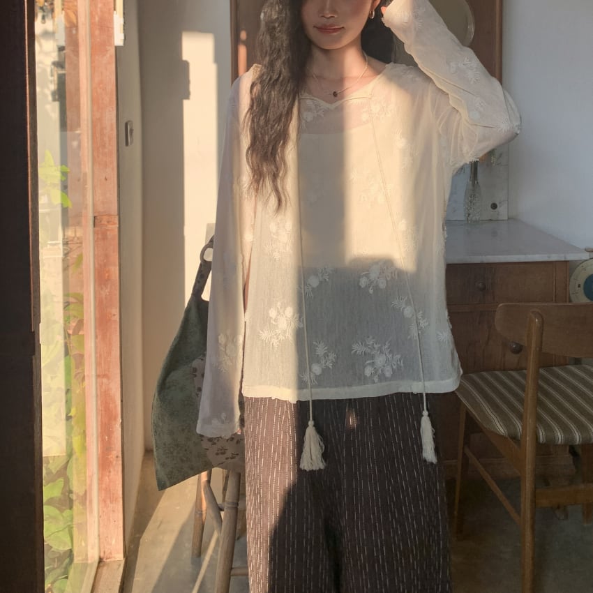 floral embroidered sheer blouse　J00521