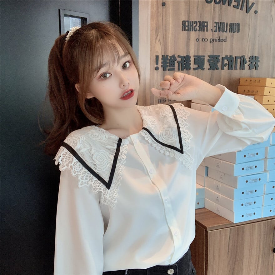 レースカラーリボンホワイト 白シャツ レディース ロング マキシロング