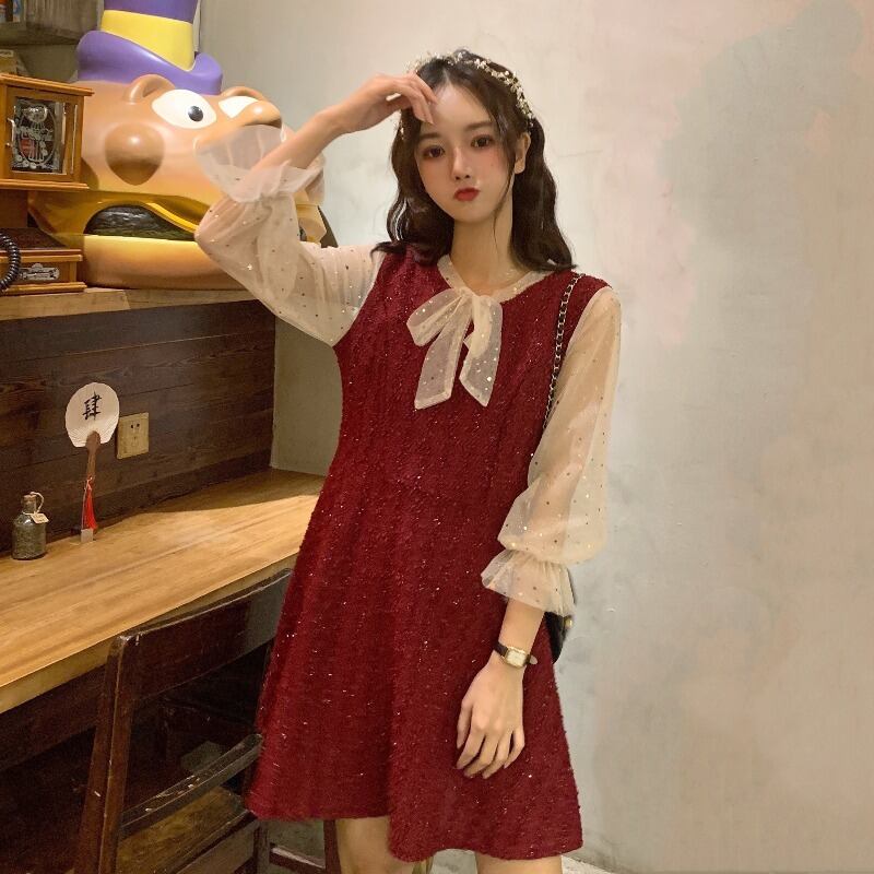 ドレス ワンピース スプリングメッシュレッドAラインスカート ロング 春物 ステッチ YY-ファッション71673622568