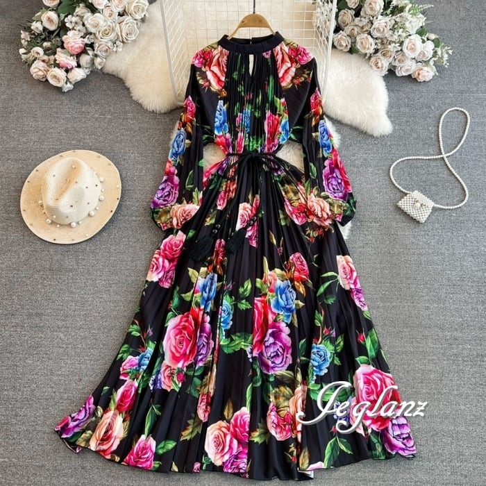 花柄 プリント ワンピース ドレス プリーツ ボリューム袖 細見え 7色 ♪(M8761)α