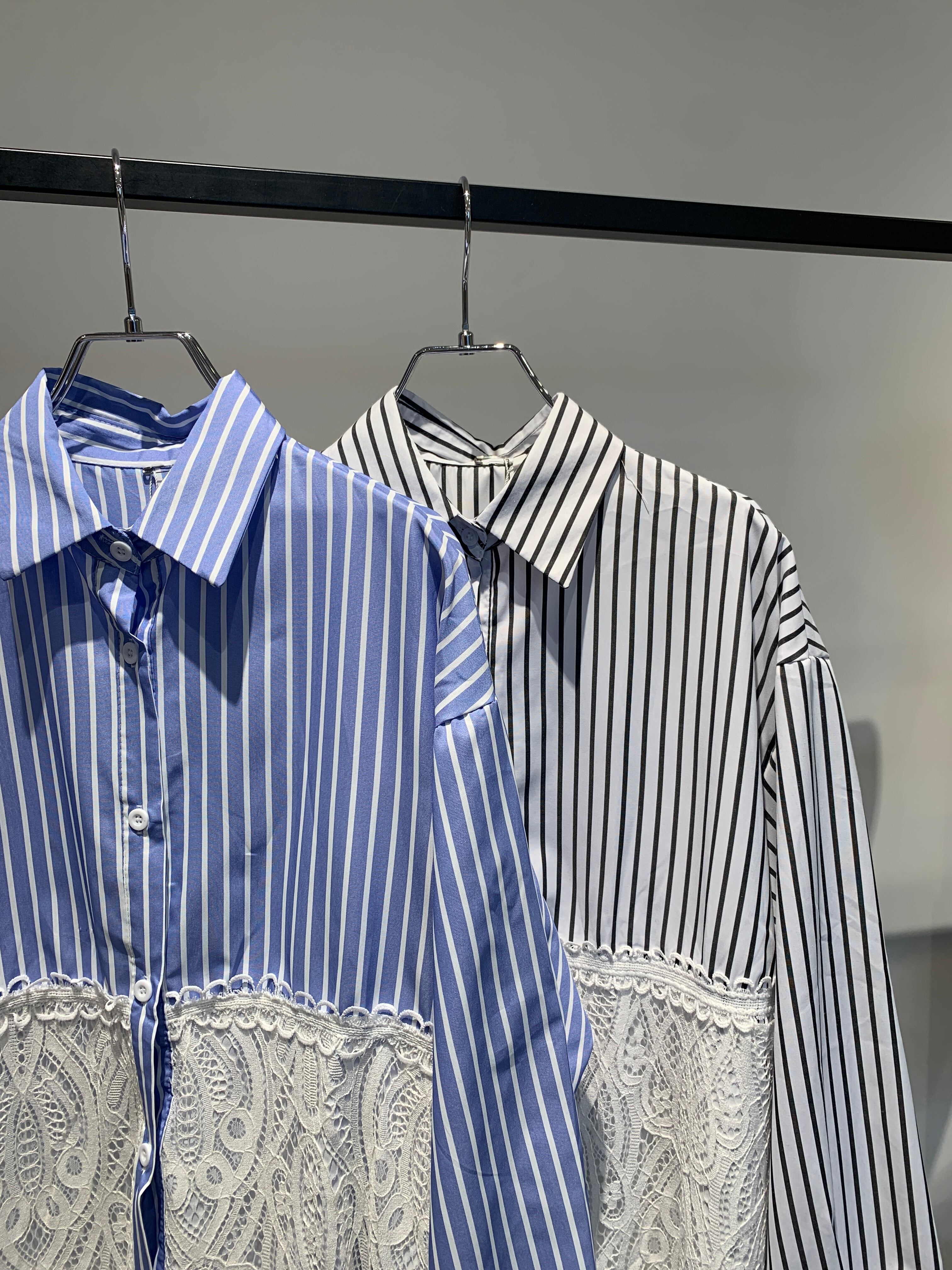 lace switching stripe shirt one-piece