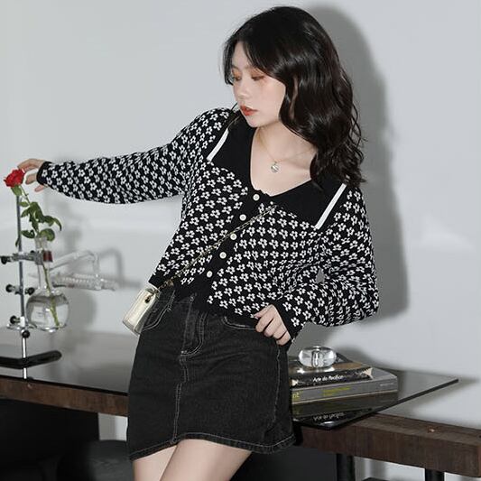 襟付き ニット カーディガン トップス ショート ショート丈 袖あり