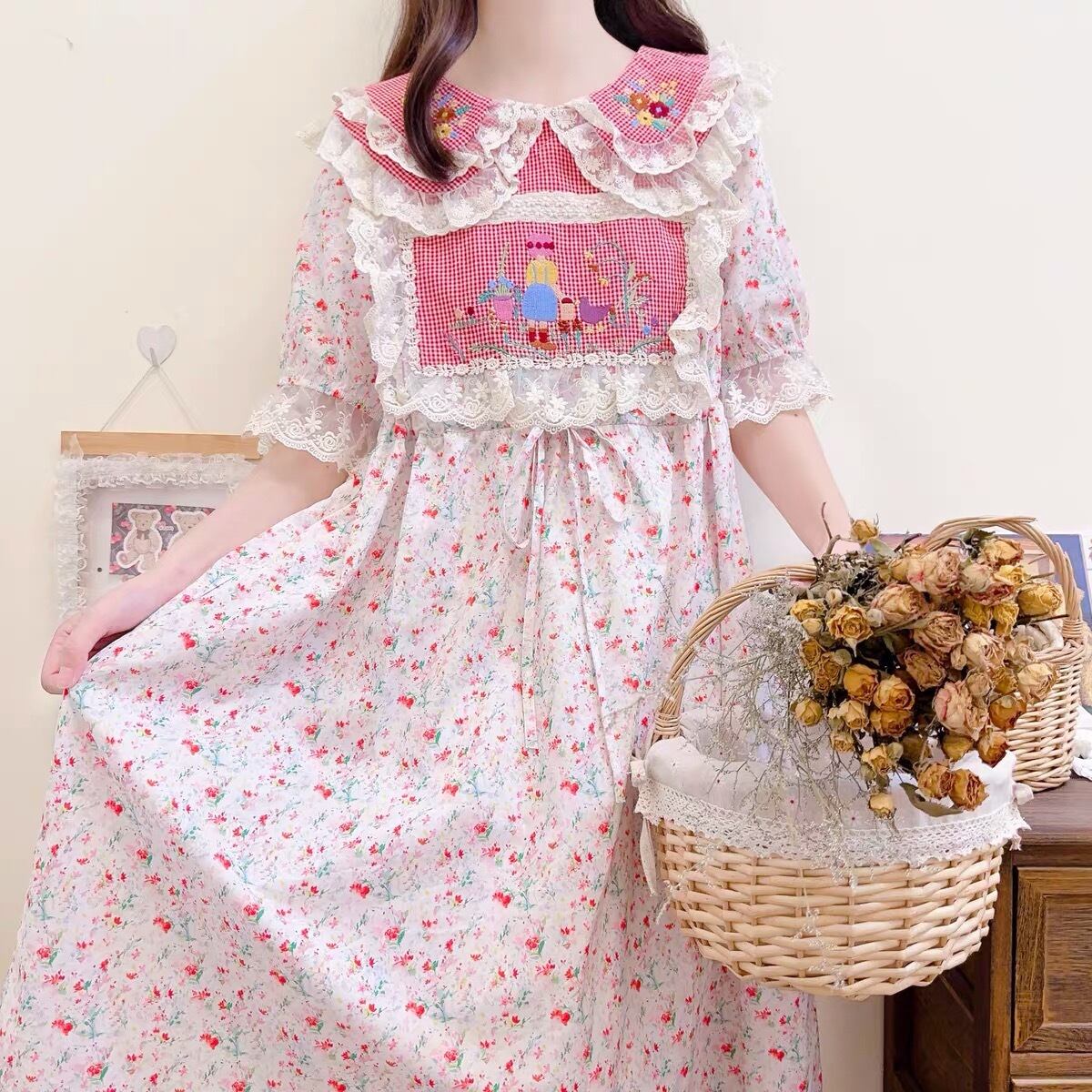 ワンピース ピンク 赤 ワンピース 花柄 パッチワーク フラワー 