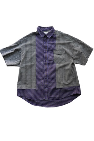 【Nora Lily】Crazy Pattern Check S/S Shirt/      Grey x Blue