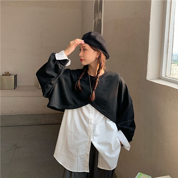 セーターの女性の2020年初秋新しいデザインセンスの学生はカジュアルな不規則なツーピースのスプライシングトップを緩めます クレセントシティ5552928497