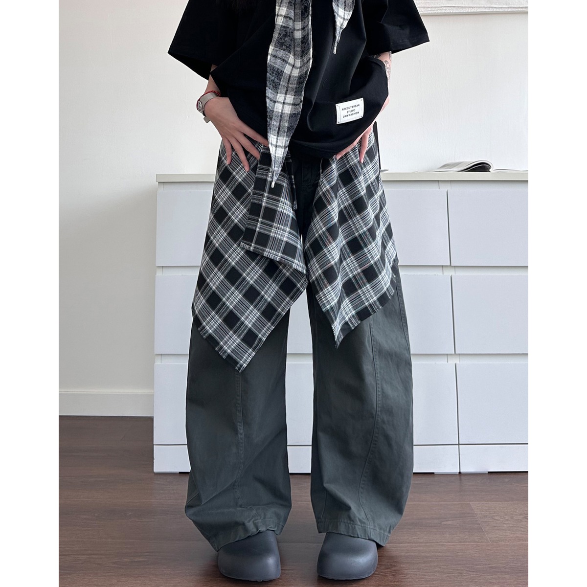 ◼️SFC WIDE PANTS ワイドパンツ　ワイドパンツ　チェックパンツ checked wide pants チェック腰巻き風ワイドパンツ J0889 | jeMMENER