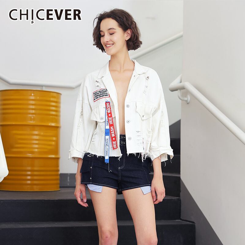 CHICEVERレタープリントデニムジャケットレディースコートバットウィングスリーブホールホローアウトレディースオータムジャケットコート 秋物 6base572931406431