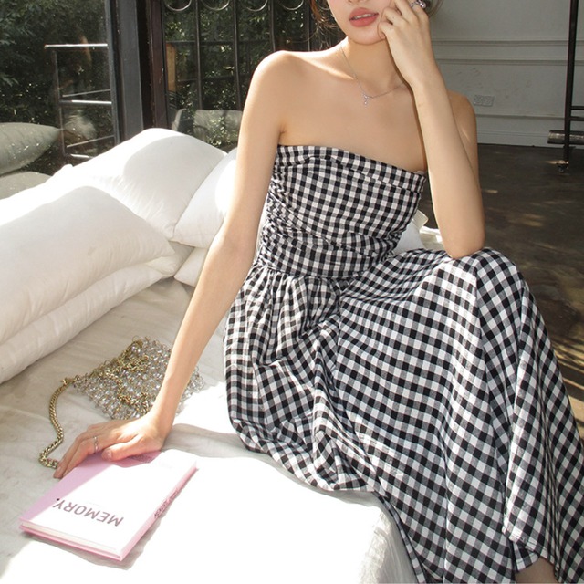 ギンガム チューブトップ フレア ワンピース 3412774