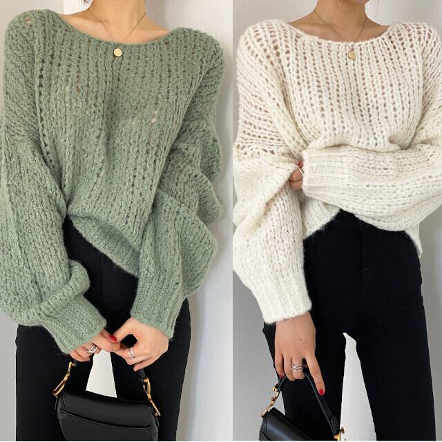 全7色 レディース トップス ニット アルパカ毛混 ソフトニット ドロップショルダー ゆるニット カラバリ豊富 ホワイト/オートミール/イエロー/ミント/グレー/オリーブ/コーヒー