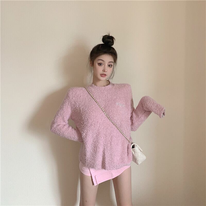 セーター レディースルーズニットスプリングスタンダードラウンドネックプルオーバー トップス ピンク レトロ 春物 Oネック ブラックストロベリース72433425406