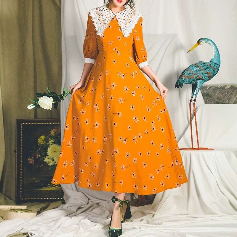 Diagram ワンピース　マキシ丈　長袖　Aライン フレア　オレンジ　38 Diagram ワンピース マキシ丈 長袖 Aライン フレア オレンジ 38