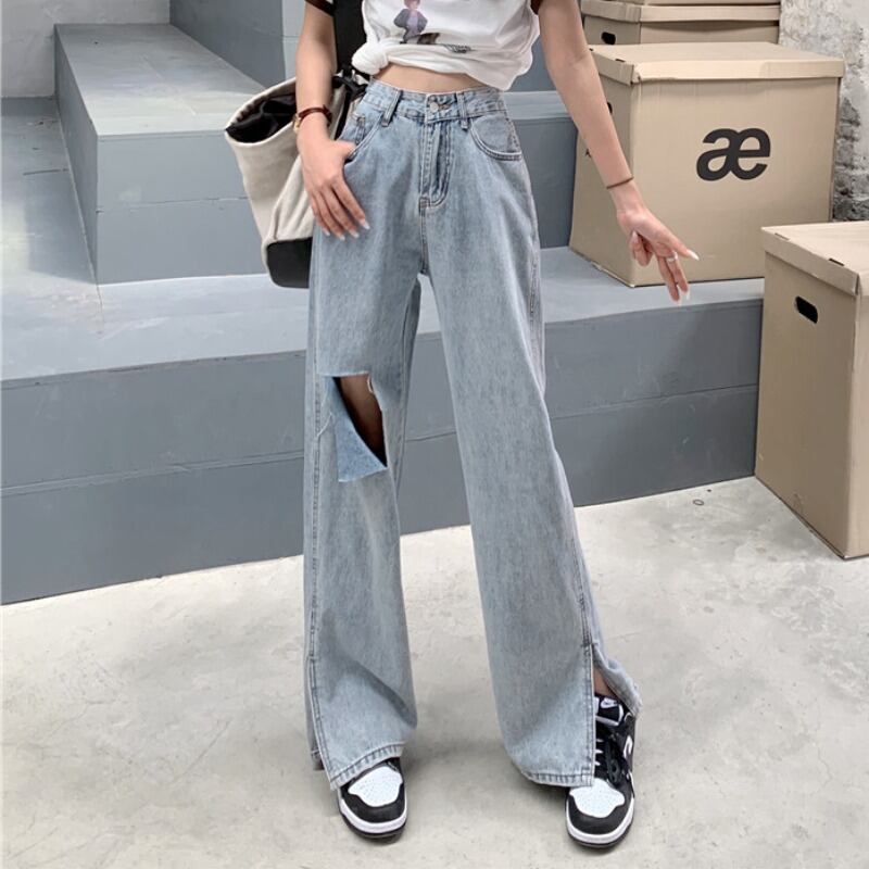 サマースタイルハイウェストウェストブルーワイドレッグジーンズ レディース 夏物 ワイドパンツ YY-ファッション73219619561