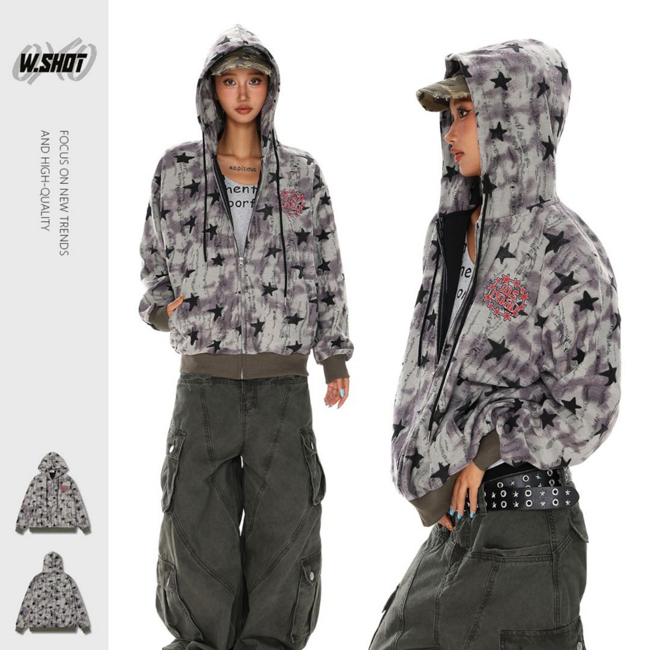 VINTAGE ストリート 星ダメージ加工 ジップパーカー T1886