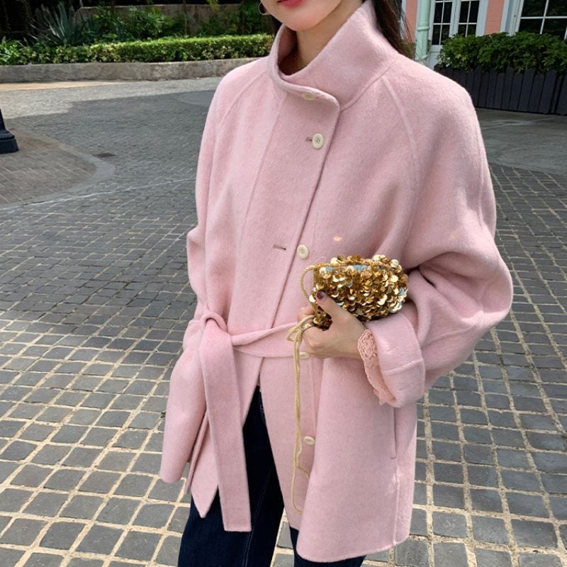 Stand collar belted coat 00590