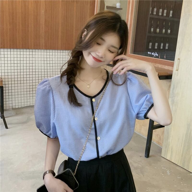 カラーラウンドネックスリーブ格子柄シャツ 薄手ハイウェストウェストAラインスカート Oネック YY-ファッション14322033498