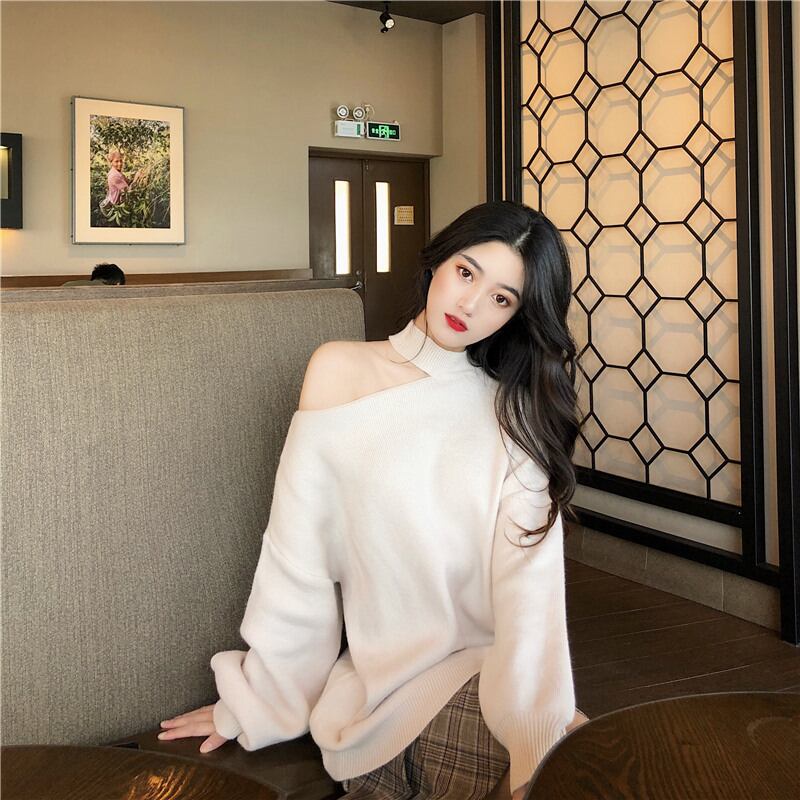 セーター ホルターニットジャケット レディースオータムウィンターホワイトトップス 秋物 冬物 オフショルダー ブラックストロベリース83987528467