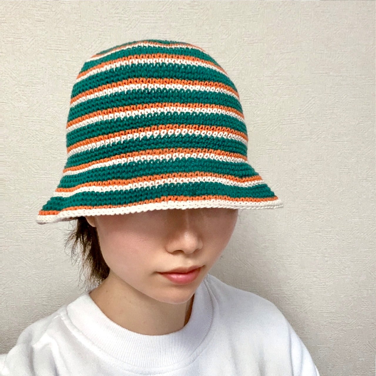 NO.3122017】ハンドメイド ボーダー クロシェハット グリーン系