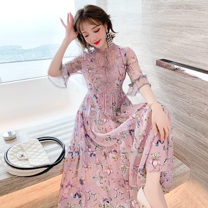 レースプリーツハイウェストウェストプリント柄ドレス サマー レッド 夏物 シルク ステッチ MIUCO37812719401