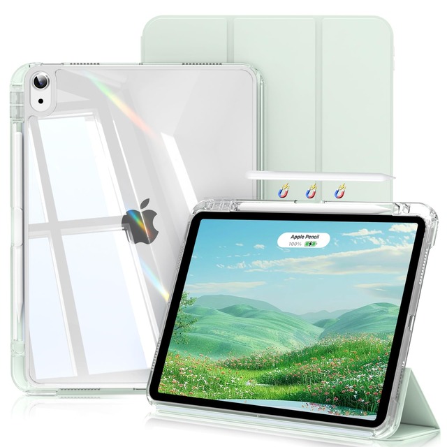 SQBEBS iPad Air 11インチ (M2/M3) ケース 2025/2024 iPad Air 第5世代/第4世代 ケース 分離式 2022/2020 10.9インチ 透明 背面 着脱式 カバー Apple Pencil Pro/USB-C の対応 スリープ機能 三つ折りスタンド 軽量 薄型 耐衝撃 クリア カバー ライトグリーン