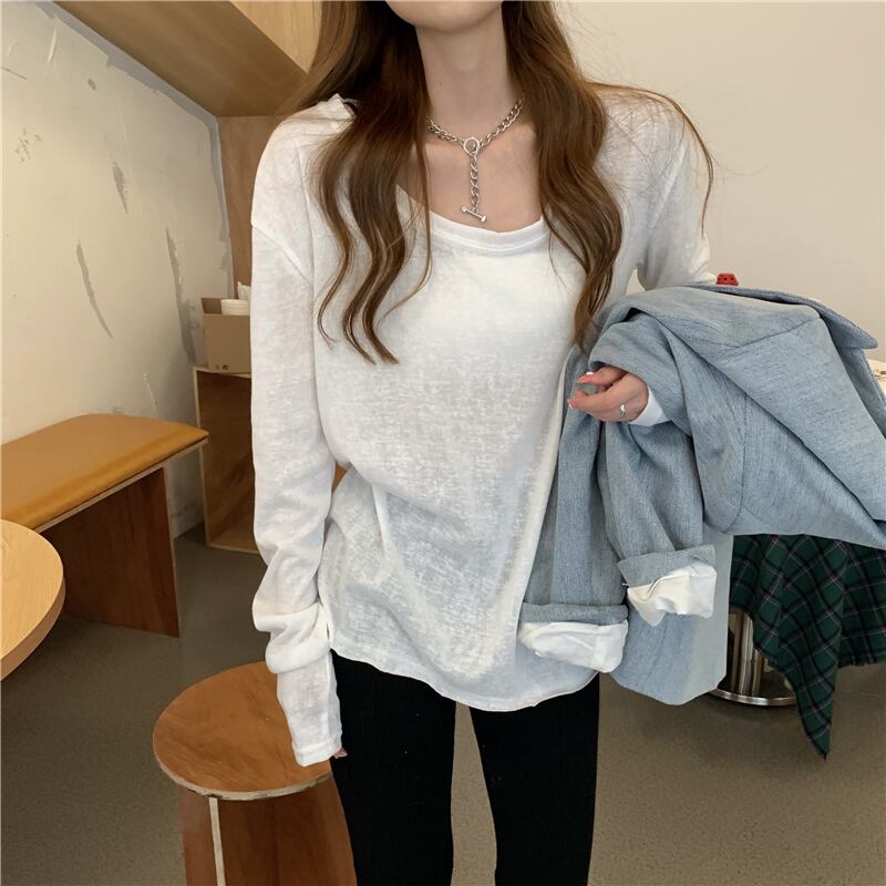 Tシャツ シャツ ホワイトルーズ薄手ラウンドネックスプリングオータムトップス ロング 春物 秋物 Oネック ブラックストロベリース96372651971