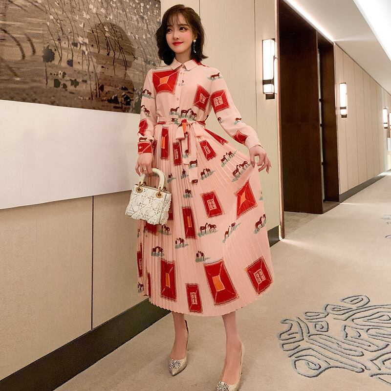 プリント柄ウェストプリーツスカート ドレス オータムウィンター 秋物 冬物 MIUCO65221815029