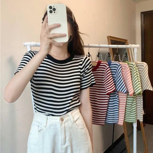 トップス Tシャツ サマーグリーンストライプラウンドネック 夏物 Oネック 1号婦人53906340926