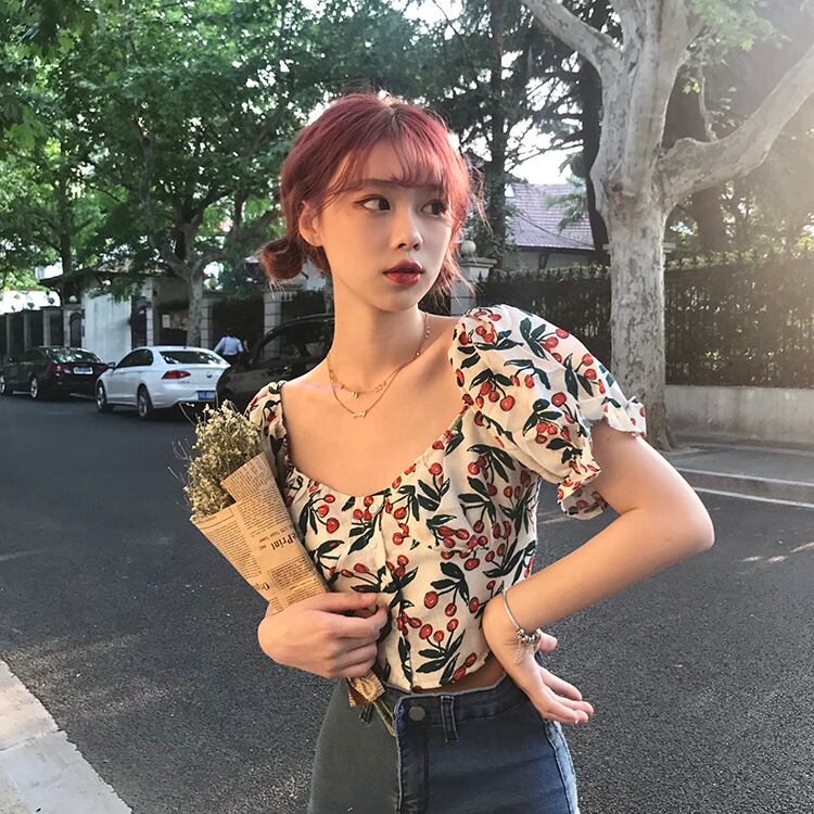 サマースタンダードカラーウェストショートトップス シャツ レディース レトロ 夏物 スクウェア ドラファッションホール25450356242