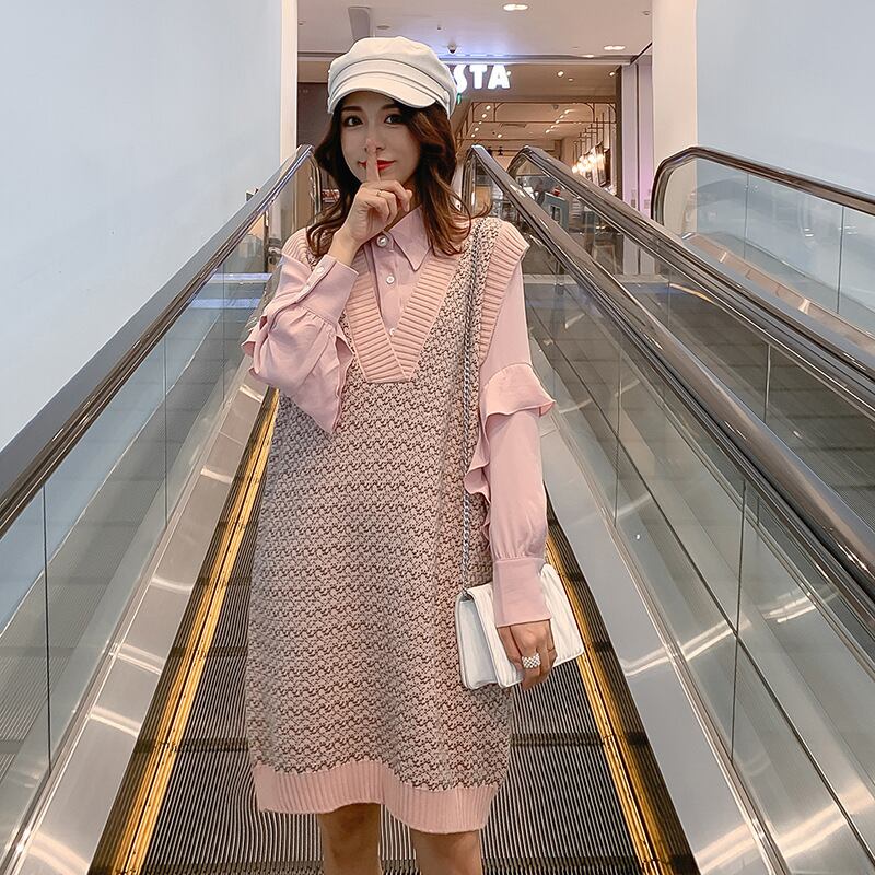 【新作】【送料無料】 マタニティウェア2019秋冬新作ニットミドル丈ベストスカート+ラペルシャツ、ツーピースセット妊婦-アリババ オータム 秋物 ウィンター 冬物 expec245208622263