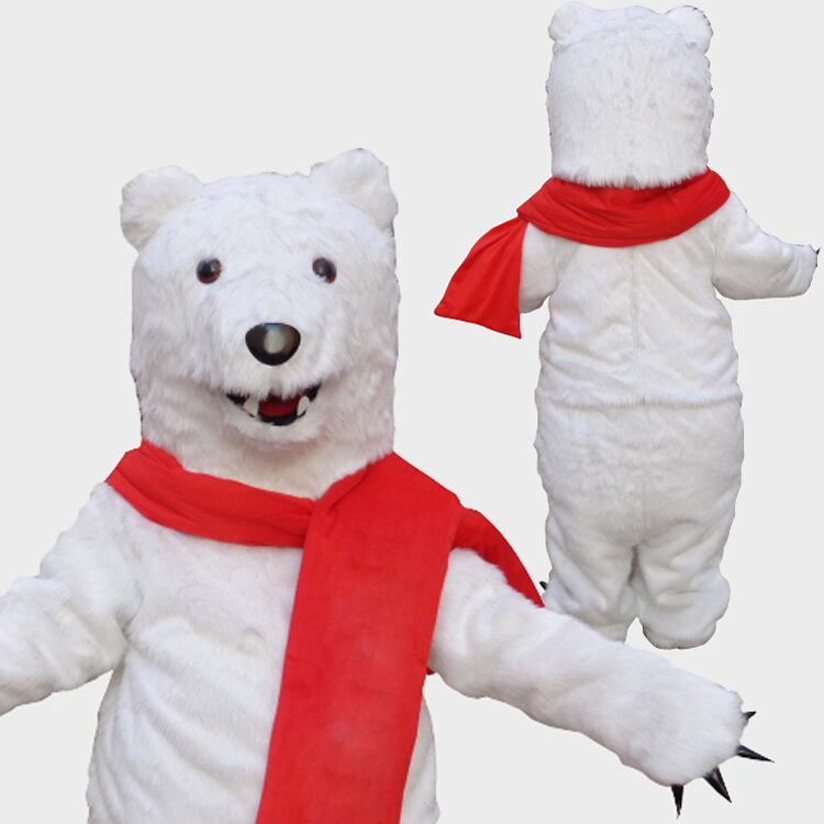 本格的着ぐるみ お熊さん くま クマ 大人用 ホワイト 白い熊 レッド 赤いマフラー きぐるみ 3頭身タイプ 格安 良質 のぞき可 オーダーメイド コスプレ イベント用品 遊園地 幼稚園 結婚式 クリスマス Mooncat