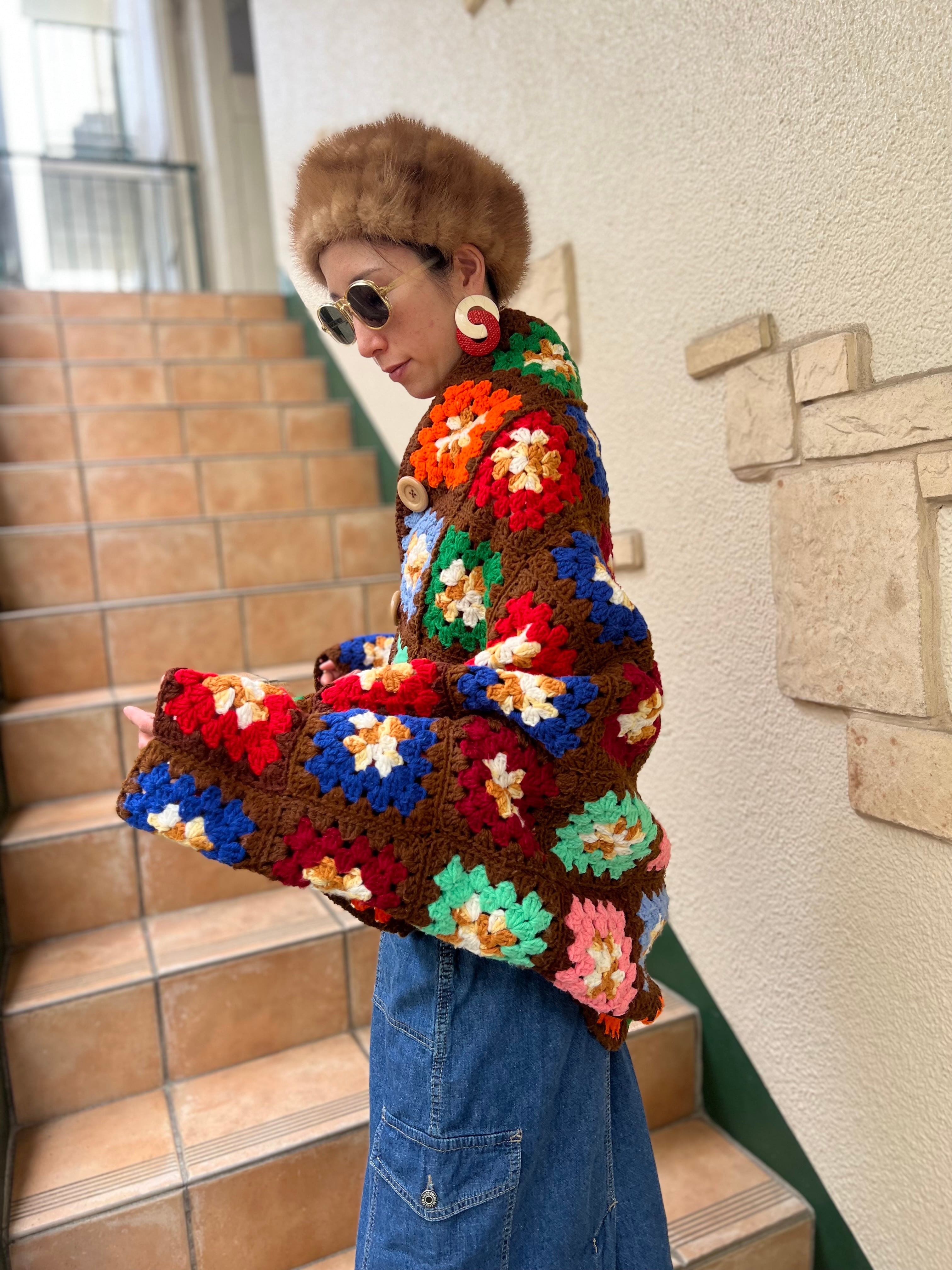 Vintage granny square handmade knit poncho cardigan ( ヴィンテージ