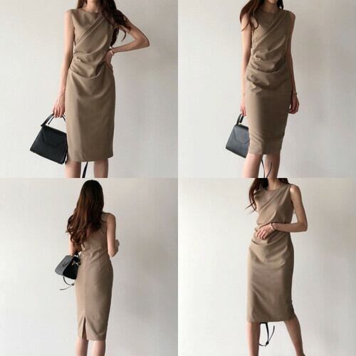 無地・新色登場! フロントクロス ノースリーブ ワンピース ひざ丈