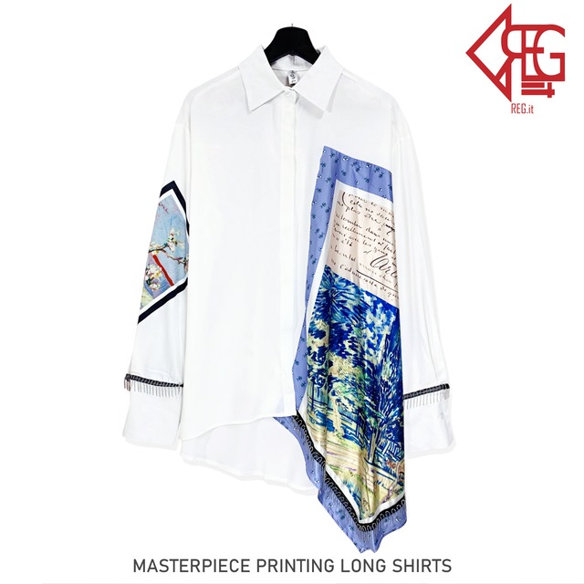 【REGIT】【即納】MASTERPIECE PRINTING LONG SHIRTS 韓国ファッション ロングシャツ 白シャツ 個性的なシャツ ユニークなシャツ
