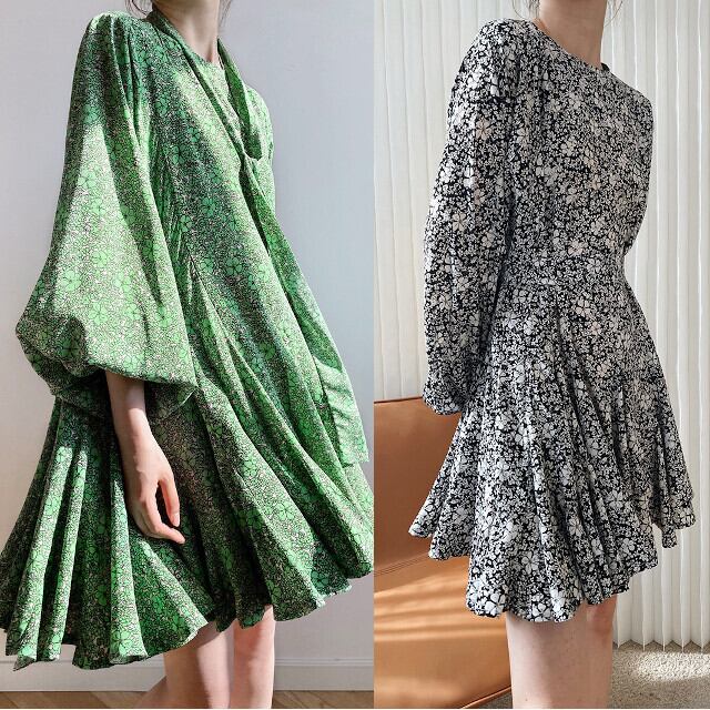 ワンピース レディース チュニック 花柄 フレア ボリューム袖 ボリュームスリーブ 長袖 ラウンドネック ウエストリボン リボンタイ ミニ丈 ミニワンピ S/M/L グリーン/ブルー/ブラック